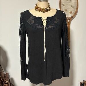 Free People Black Lace-Up Long Sleeve Top, Small